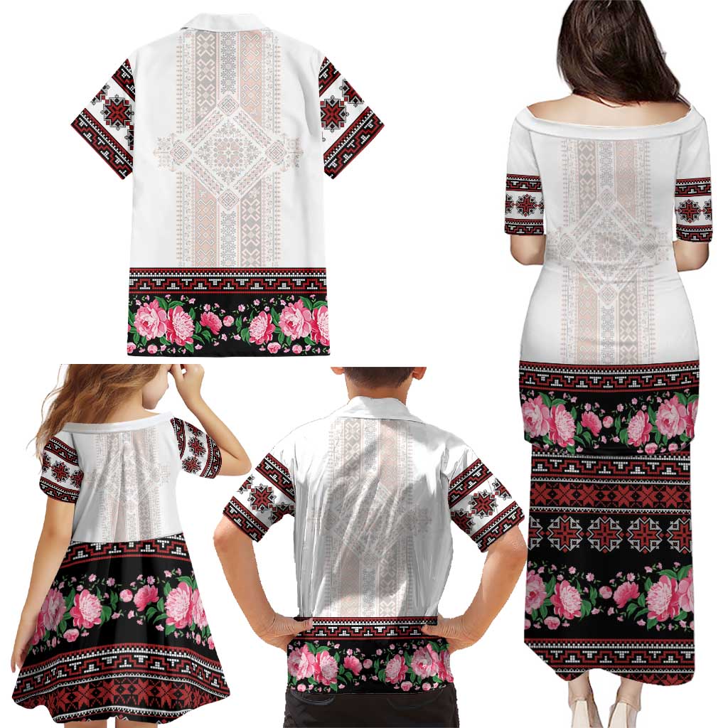 Red Romanian National Costume Family Matching Puletasi and Hawaiian Shirt Peony Flowers Traditional Folk Pattern - Wonder Print Shop