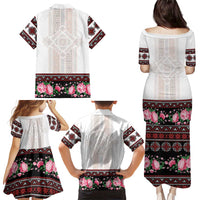 Red Romanian National Costume Family Matching Puletasi and Hawaiian Shirt Peony Flowers Traditional Folk Pattern - Wonder Print Shop