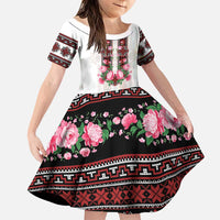 Red Romanian National Costume Family Matching Short Sleeve Bodycon Dress and Hawaiian Shirt Peony Flowers Traditional Folk Pattern - Wonder Print Shop