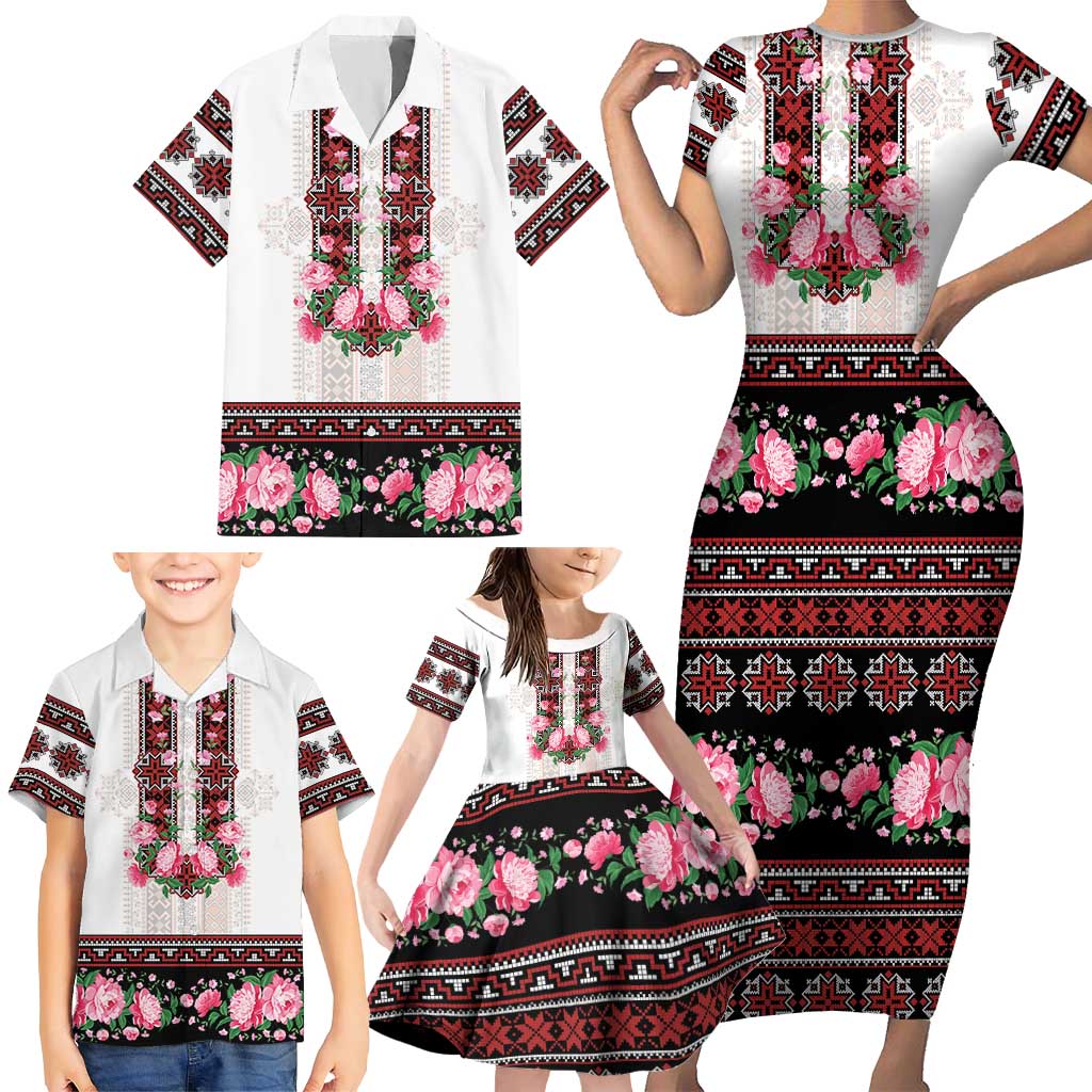 Red Romanian National Costume Family Matching Short Sleeve Bodycon Dress and Hawaiian Shirt Peony Flowers Traditional Folk Pattern - Wonder Print Shop