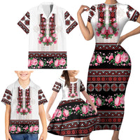 Red Romanian National Costume Family Matching Short Sleeve Bodycon Dress and Hawaiian Shirt Peony Flowers Traditional Folk Pattern - Wonder Print Shop