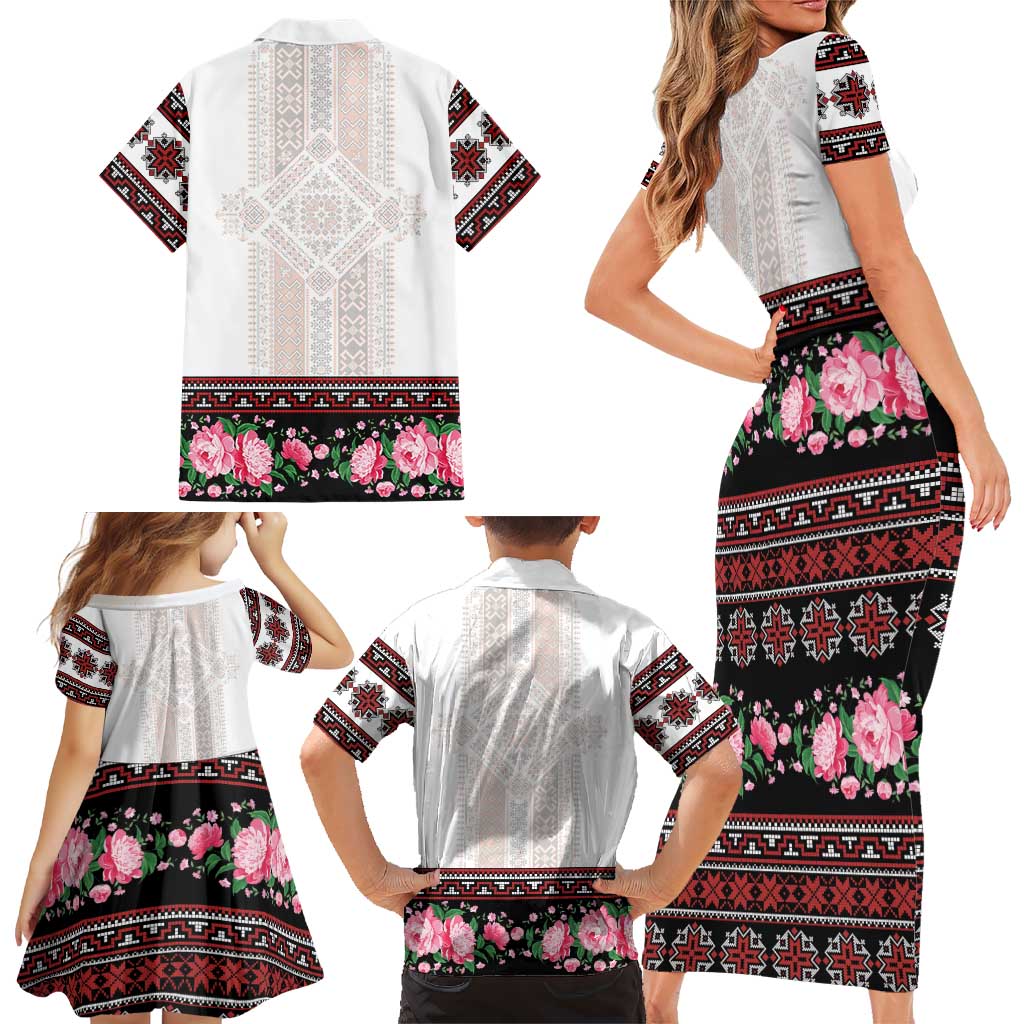 Red Romanian National Costume Family Matching Short Sleeve Bodycon Dress and Hawaiian Shirt Peony Flowers Traditional Folk Pattern - Wonder Print Shop