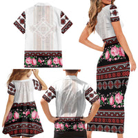 Red Romanian National Costume Family Matching Short Sleeve Bodycon Dress and Hawaiian Shirt Peony Flowers Traditional Folk Pattern - Wonder Print Shop
