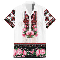 Red Romanian National Costume Family Matching Short Sleeve Bodycon Dress and Hawaiian Shirt Peony Flowers Traditional Folk Pattern - Wonder Print Shop
