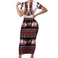 Red Romanian National Costume Family Matching Short Sleeve Bodycon Dress and Hawaiian Shirt Peony Flowers Traditional Folk Pattern - Wonder Print Shop