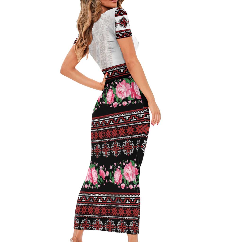 Red Romanian National Costume Family Matching Short Sleeve Bodycon Dress and Hawaiian Shirt Peony Flowers Traditional Folk Pattern - Wonder Print Shop