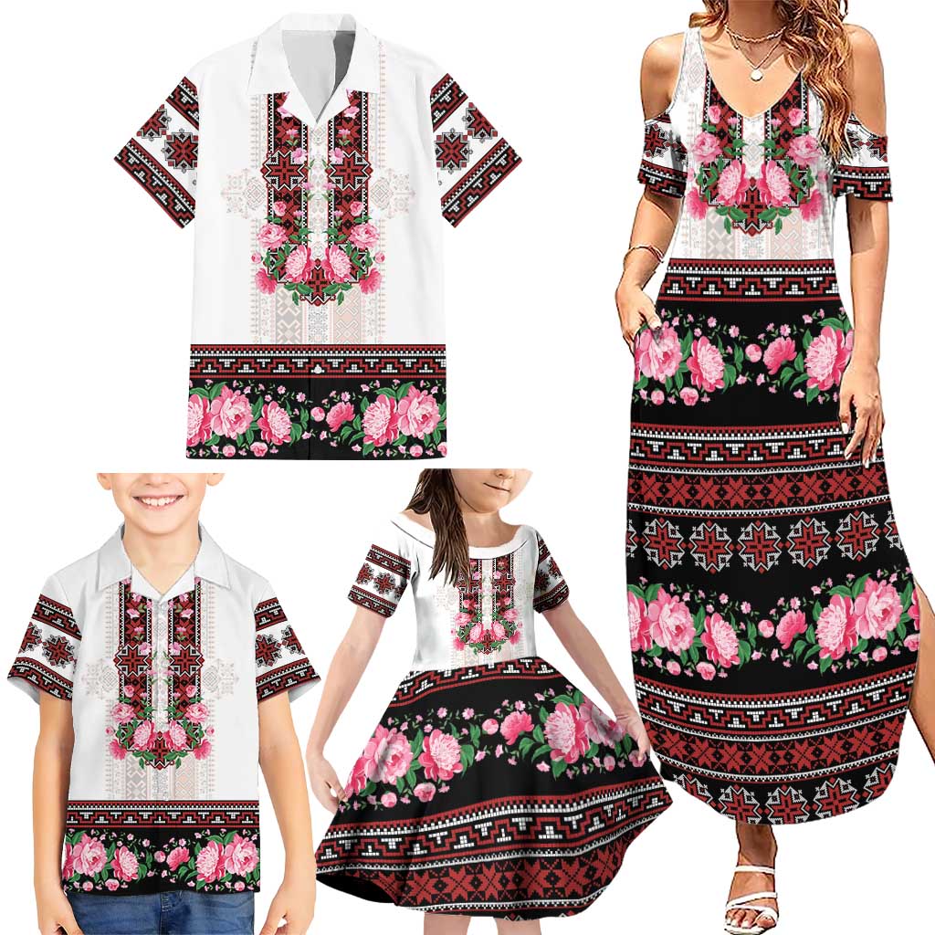 Red Romanian National Costume Family Matching Summer Maxi Dress and Hawaiian Shirt Peony Flowers Traditional Folk Pattern - Wonder Print Shop