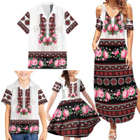 Red Romanian National Costume Family Matching Summer Maxi Dress and Hawaiian Shirt Peony Flowers Traditional Folk Pattern - Wonder Print Shop