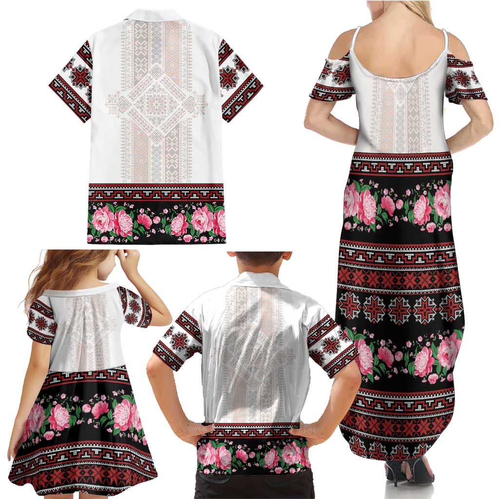 Red Romanian National Costume Family Matching Summer Maxi Dress and Hawaiian Shirt Peony Flowers Traditional Folk Pattern - Wonder Print Shop