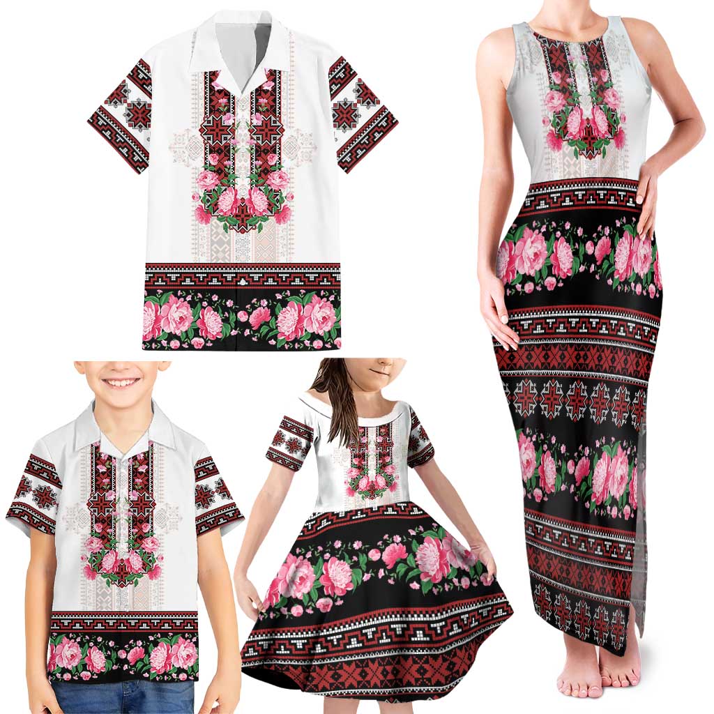 Red Romanian National Costume Family Matching Tank Maxi Dress and Hawaiian Shirt Peony Flowers Traditional Folk Pattern - Wonder Print Shop