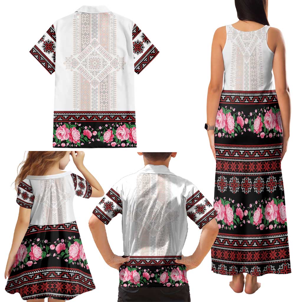 Red Romanian National Costume Family Matching Tank Maxi Dress and Hawaiian Shirt Peony Flowers Traditional Folk Pattern - Wonder Print Shop
