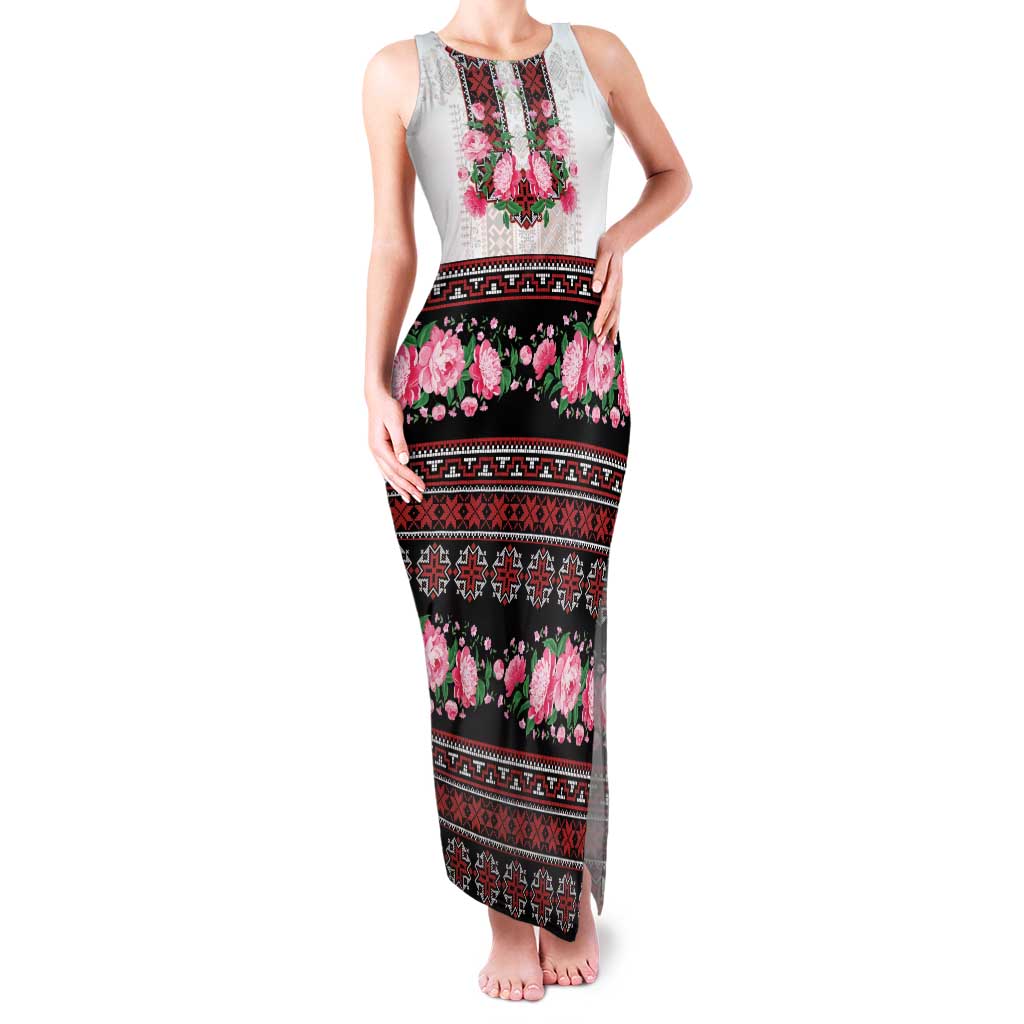 Red Romanian National Costume Family Matching Tank Maxi Dress and Hawaiian Shirt Peony Flowers Traditional Folk Pattern - Wonder Print Shop