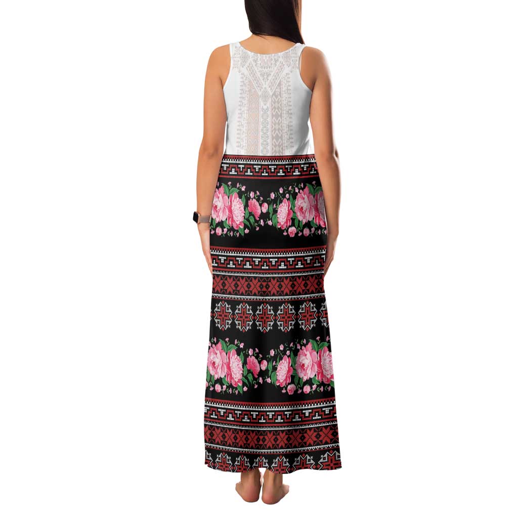 Red Romanian National Costume Family Matching Tank Maxi Dress and Hawaiian Shirt Peony Flowers Traditional Folk Pattern - Wonder Print Shop