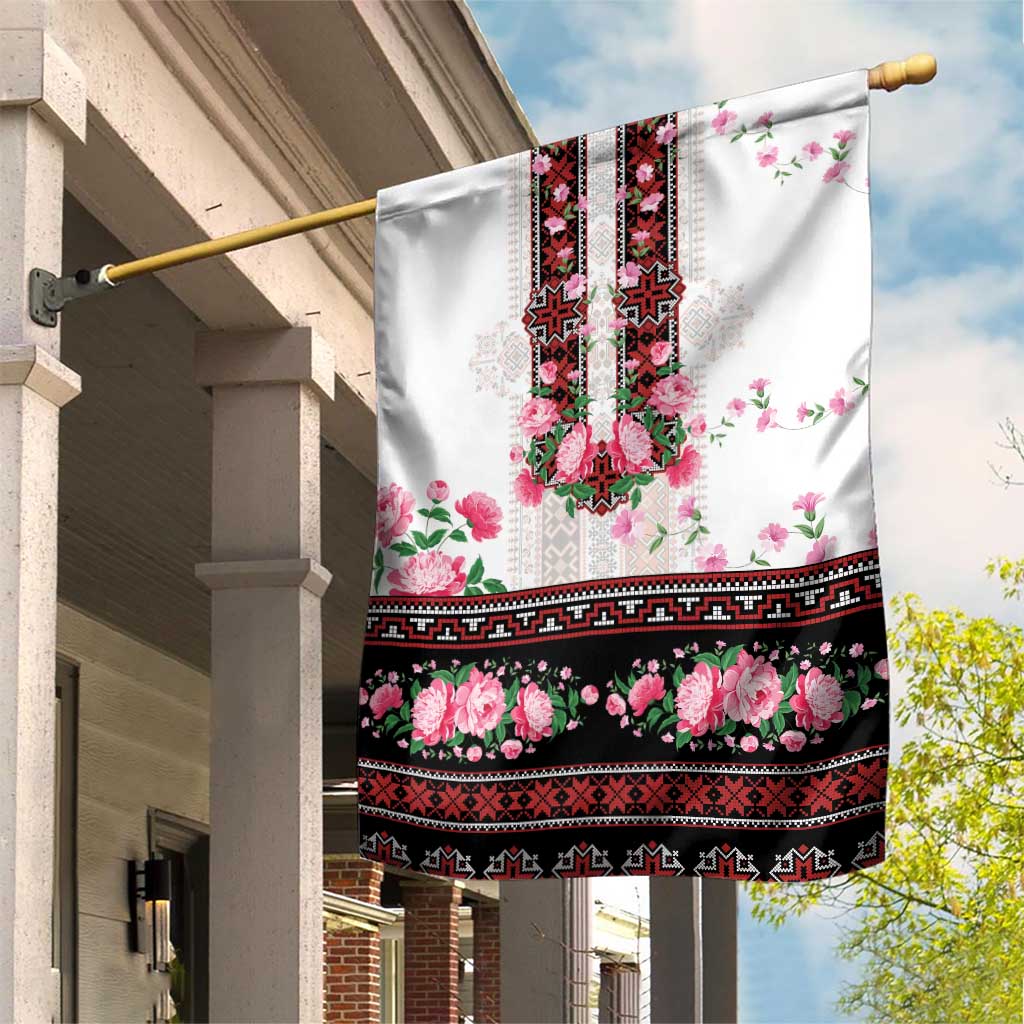 Red Romanian National Costume Garden Flag Peony Flowers Traditional Folk Pattern - Wonder Print Shop