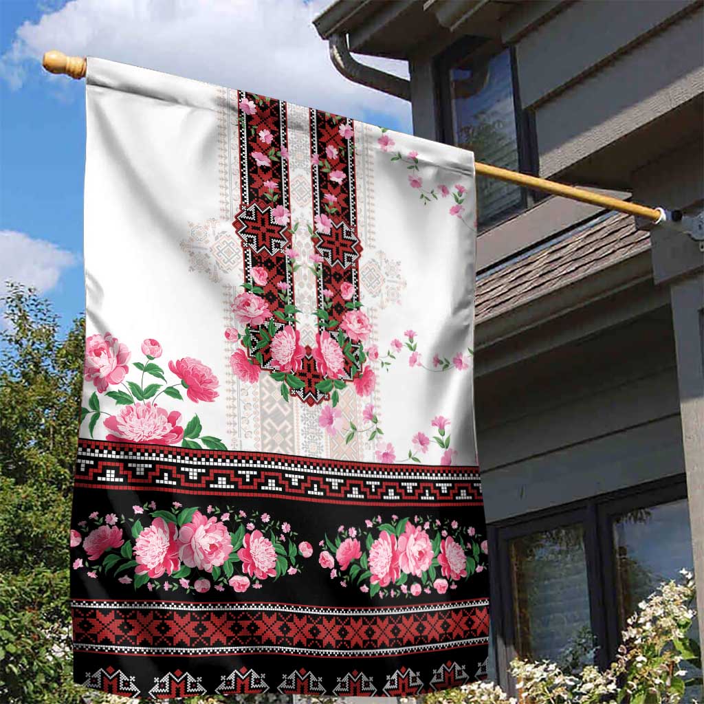 Red Romanian National Costume Garden Flag Peony Flowers Traditional Folk Pattern - Wonder Print Shop