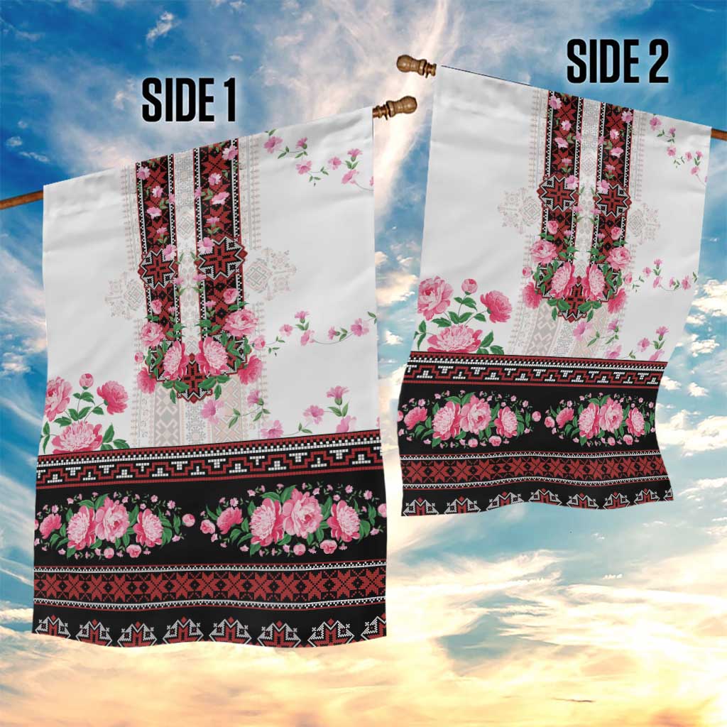 Red Romanian National Costume Garden Flag Peony Flowers Traditional Folk Pattern - Wonder Print Shop