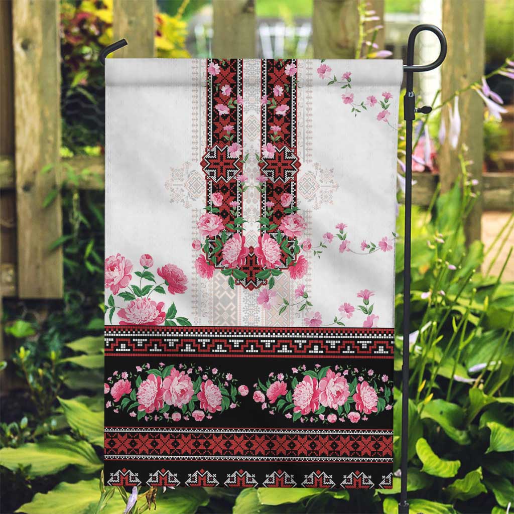 Red Romanian National Costume Garden Flag Peony Flowers Traditional Folk Pattern - Wonder Print Shop