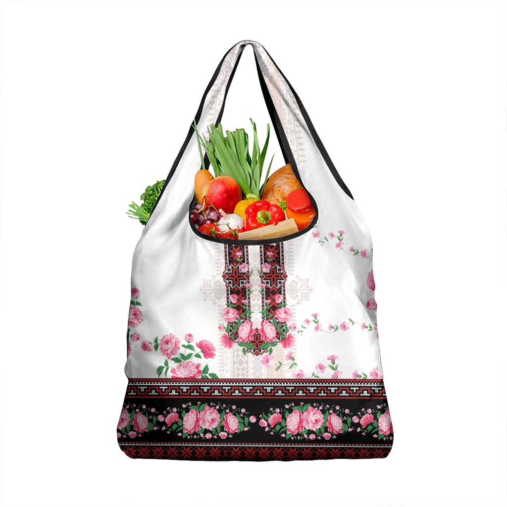 Red Romanian National Costume Grocery Bag Peony Flowers Traditional Folk Pattern - Wonder Print Shop