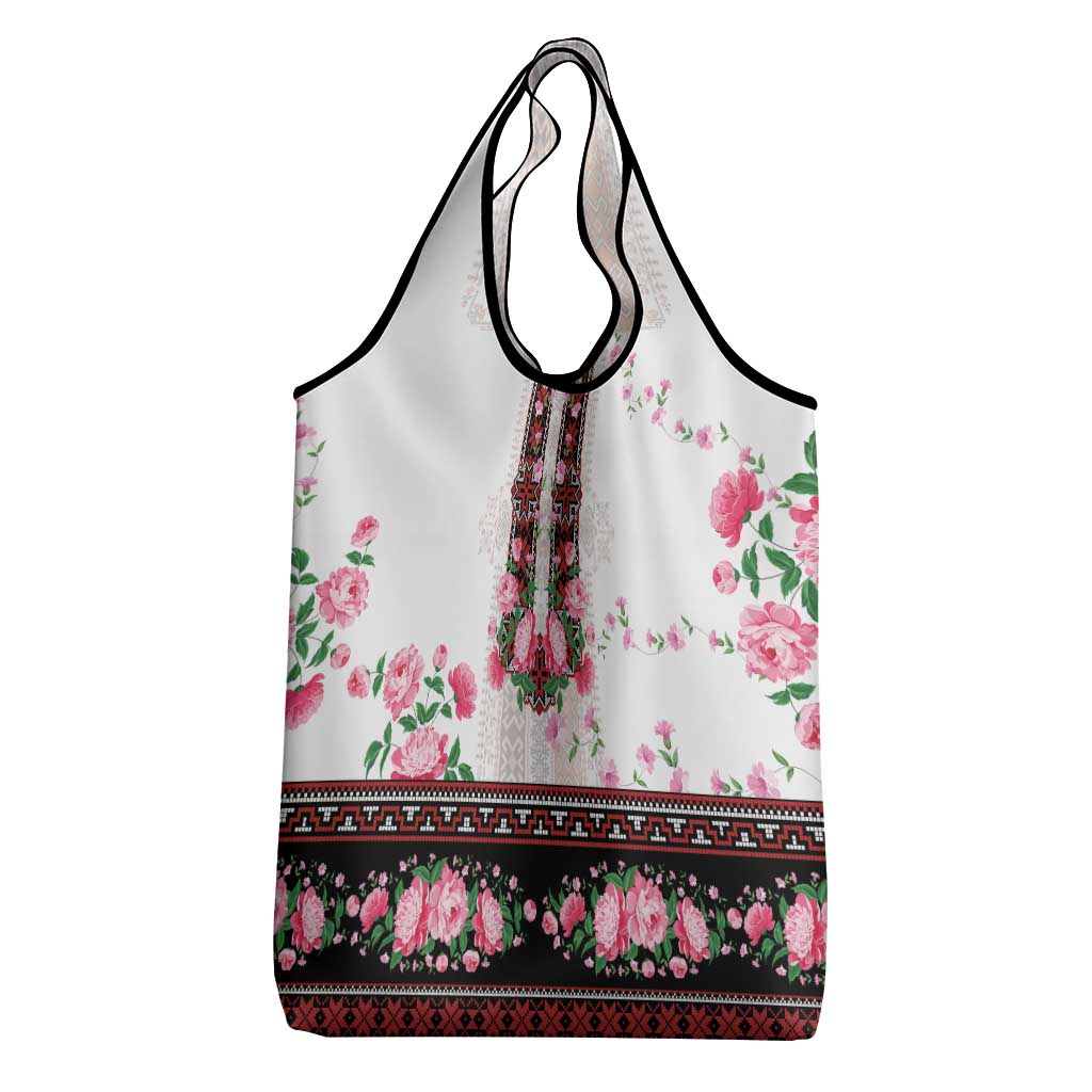Red Romanian National Costume Grocery Bag Peony Flowers Traditional Folk Pattern - Wonder Print Shop