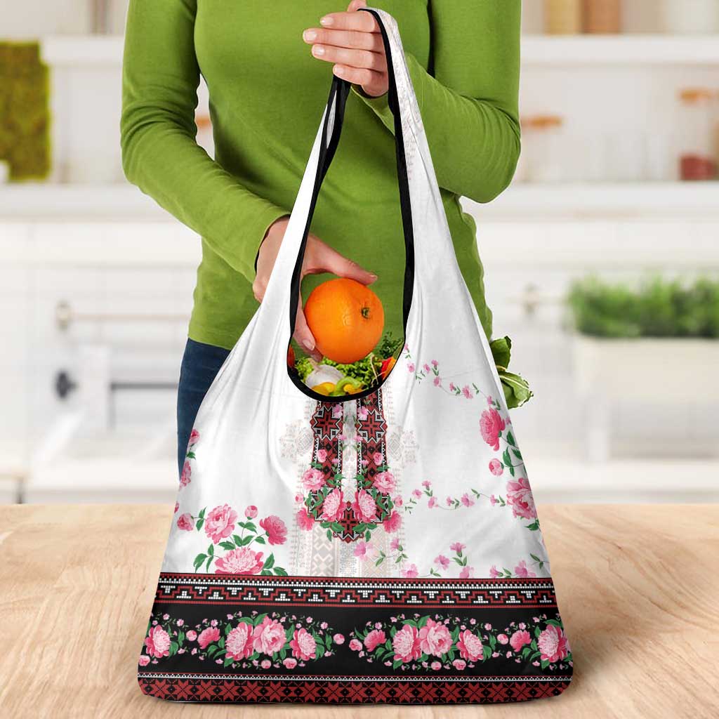 Red Romanian National Costume Grocery Bag Peony Flowers Traditional Folk Pattern - Wonder Print Shop