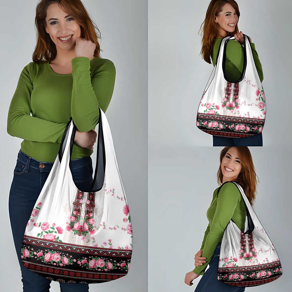 Red Romanian National Costume Grocery Bag Peony Flowers Traditional Folk Pattern - Wonder Print Shop