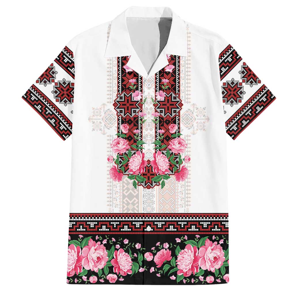 Red Romanian National Costume Hawaiian Shirt Peony Flowers Traditional Folk Pattern - Wonder Print Shop