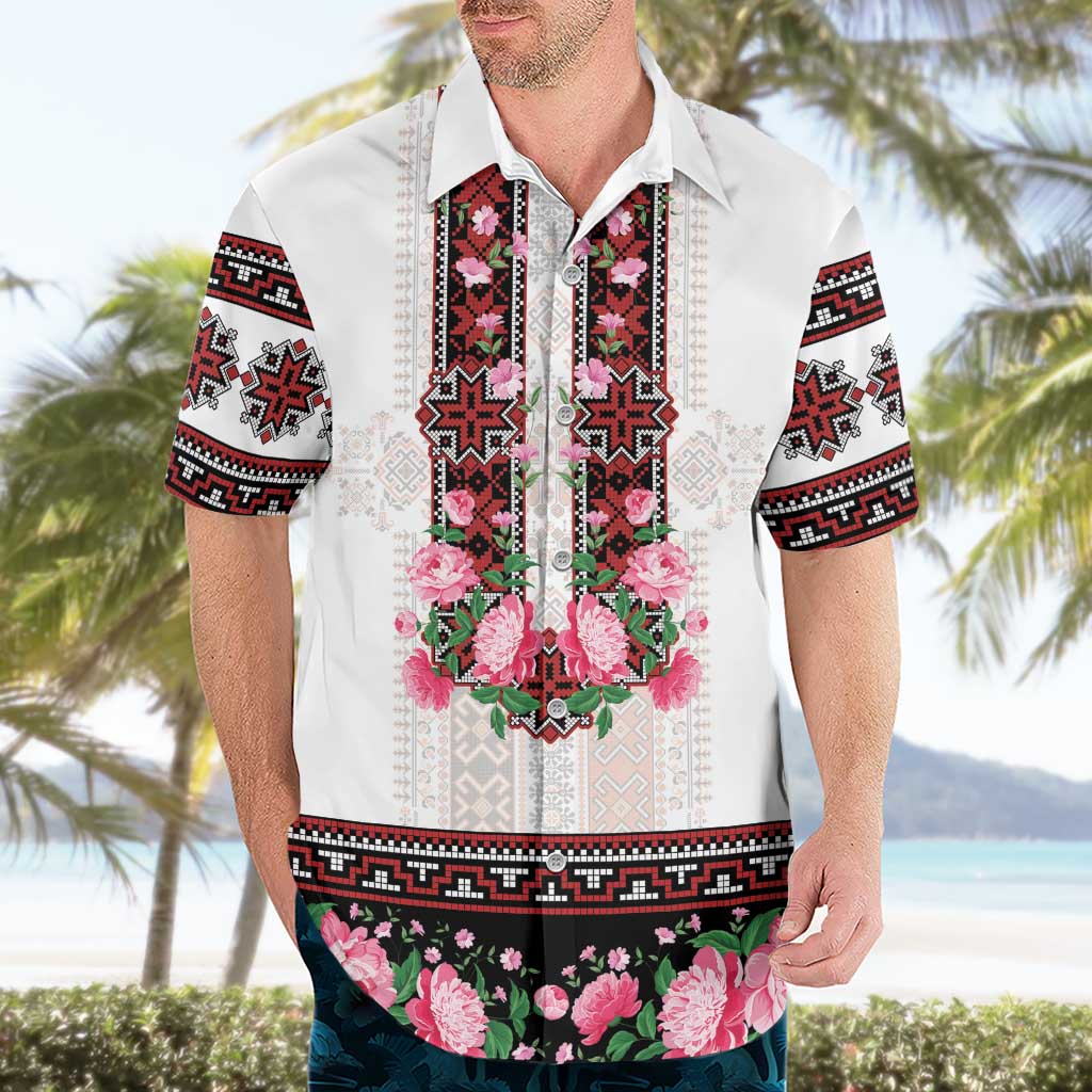 Red Romanian National Costume Hawaiian Shirt Peony Flowers Traditional Folk Pattern - Wonder Print Shop