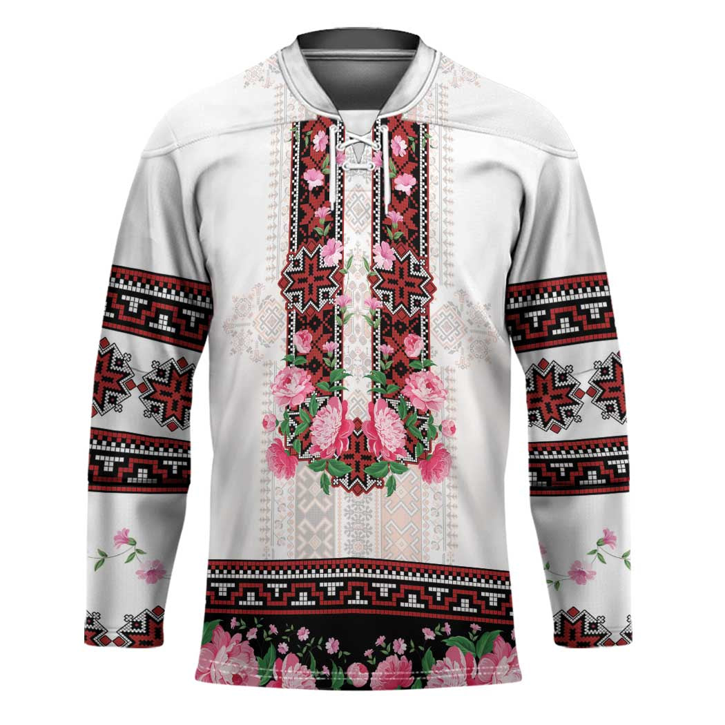 Red Romanian National Costume Hockey Jersey Peony Flowers Traditional Folk Pattern - Wonder Print Shop