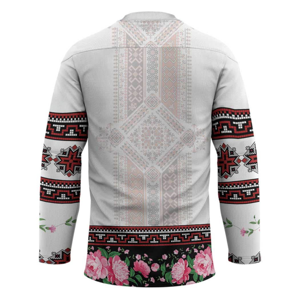 Red Romanian National Costume Hockey Jersey Peony Flowers Traditional Folk Pattern - Wonder Print Shop