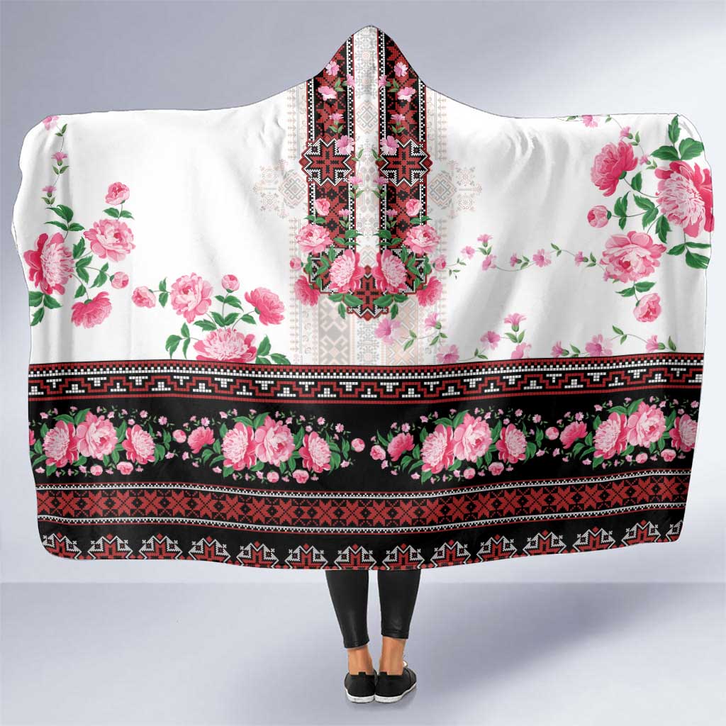 Red Romanian National Costume Hooded Blanket Peony Flowers Traditional Folk Pattern - Wonder Print Shop