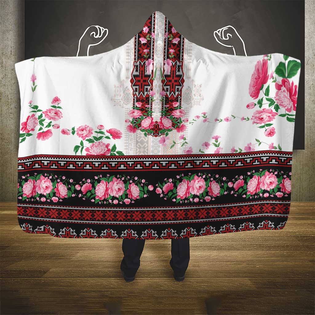 Red Romanian National Costume Hooded Blanket Peony Flowers Traditional Folk Pattern - Wonder Print Shop