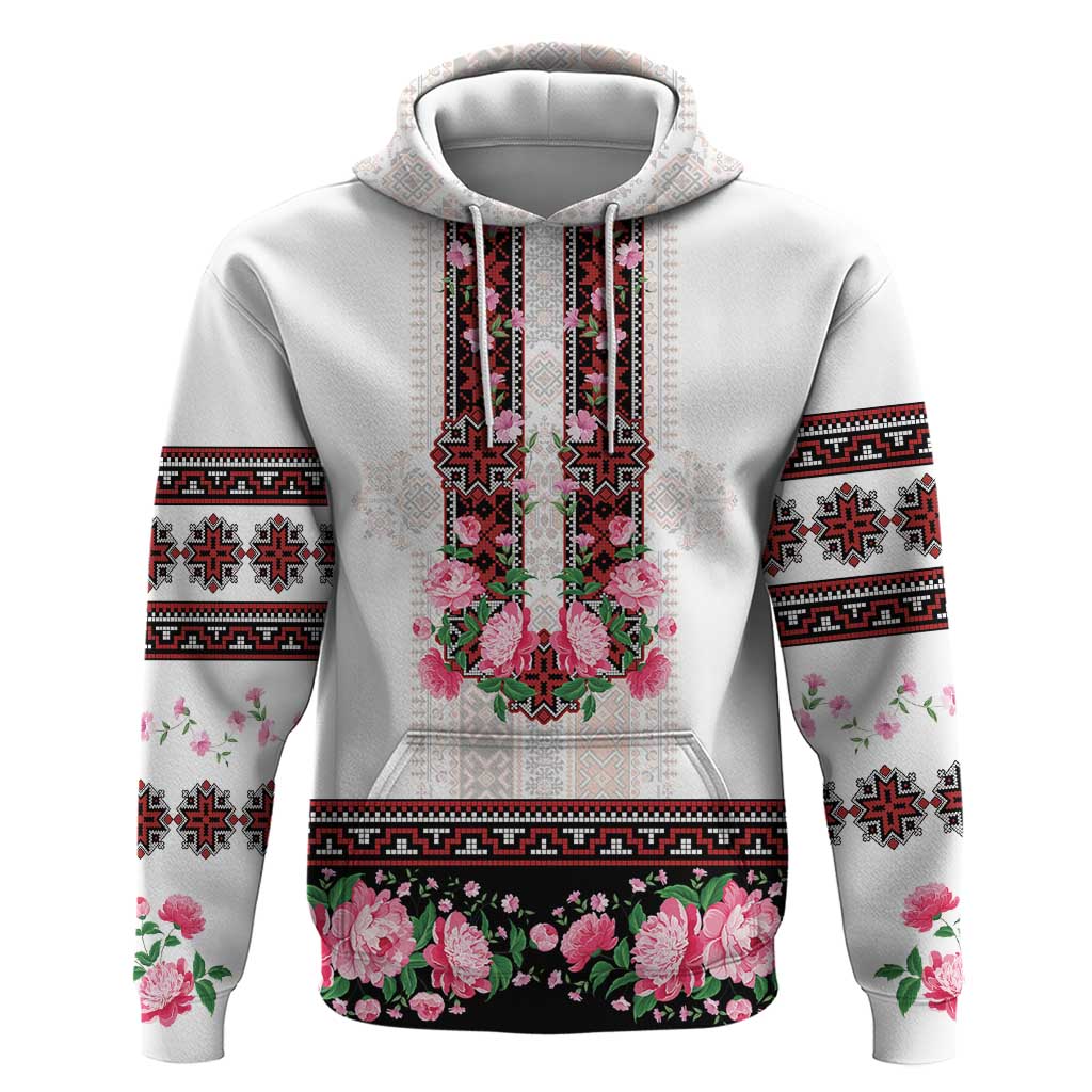 Red Romanian National Costume Hoodie Peony Flowers Traditional Folk Pattern - Wonder Print Shop