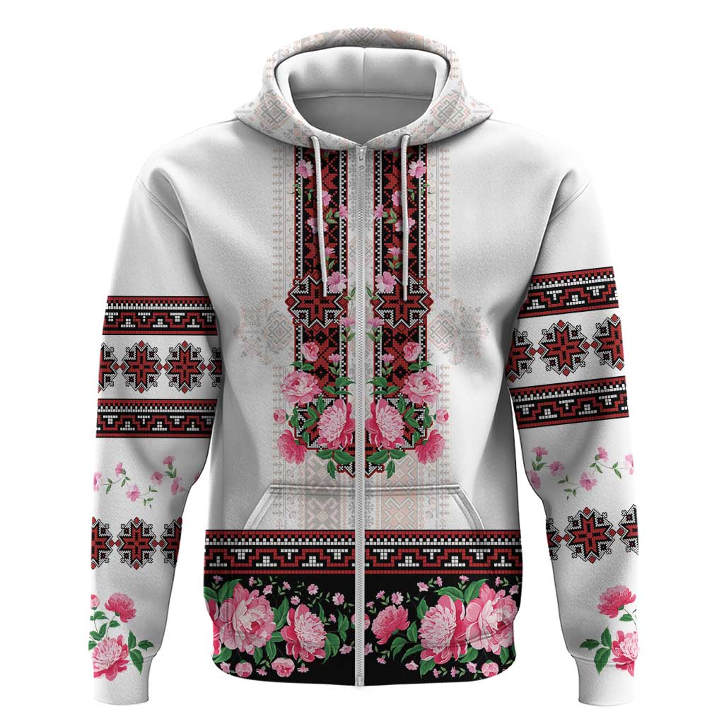 Red Romanian National Costume Hoodie Peony Flowers Traditional Folk Pattern - Wonder Print Shop