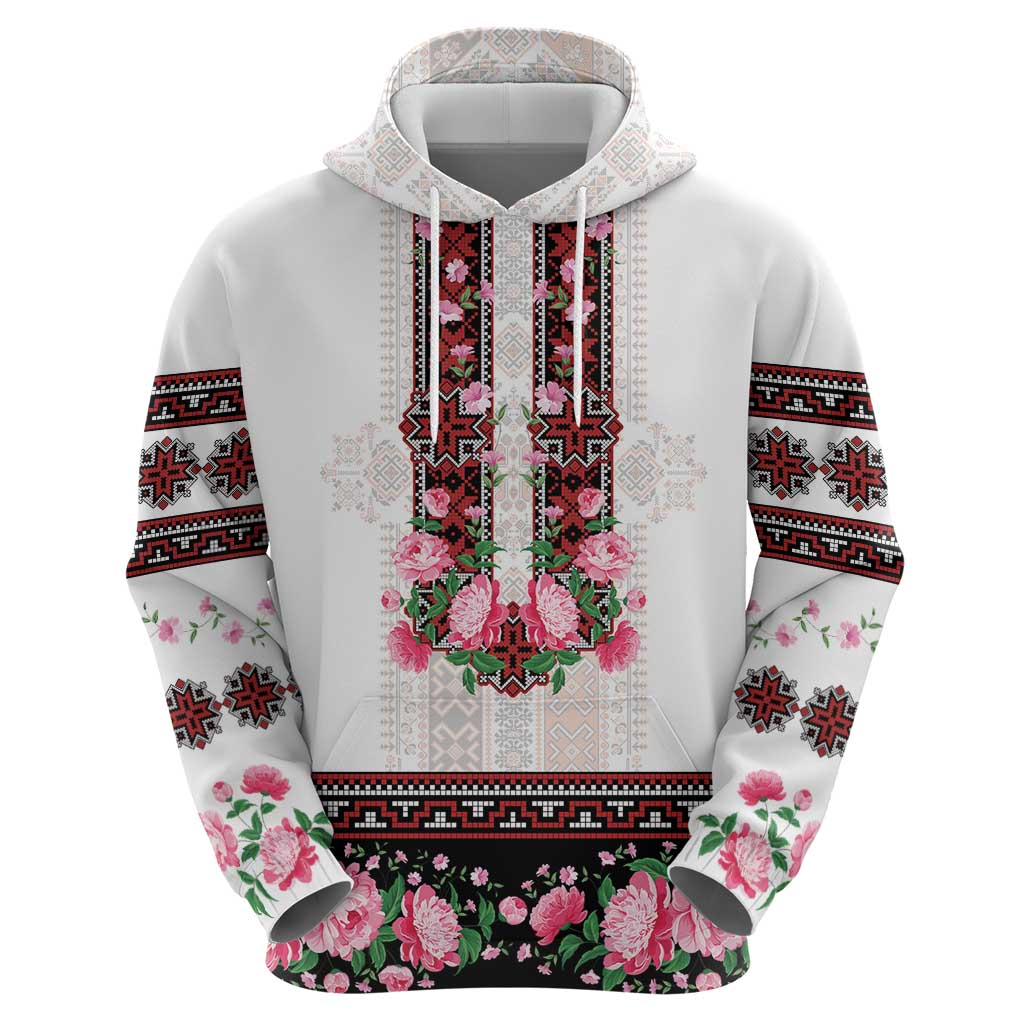 Red Romanian National Costume Hoodie Peony Flowers Traditional Folk Pattern - Wonder Print Shop