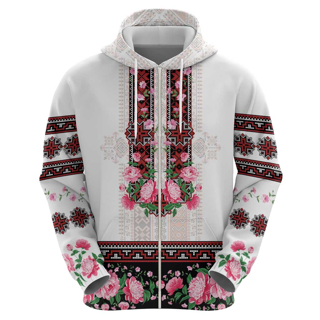 Red Romanian National Costume Hoodie Peony Flowers Traditional Folk Pattern - Wonder Print Shop