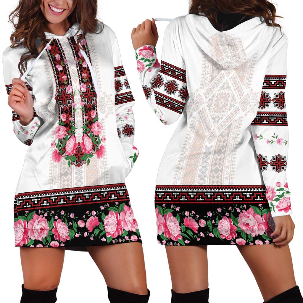 Red Romanian National Costume Hoodie Dress Peony Flowers Traditional Folk Pattern - Wonder Print Shop