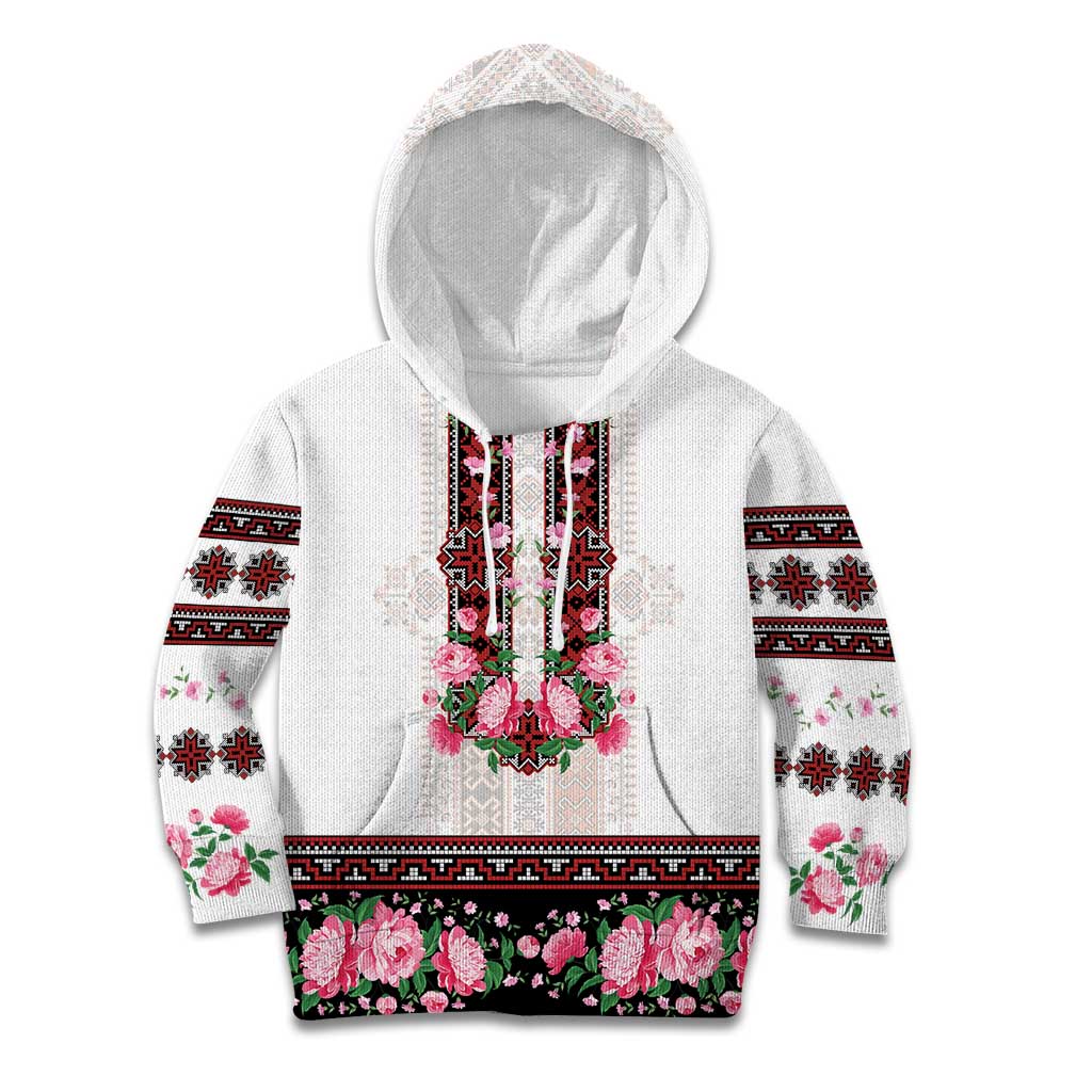 Red Romanian National Costume Kid Hoodie Peony Flowers Traditional Folk Pattern - Wonder Print Shop