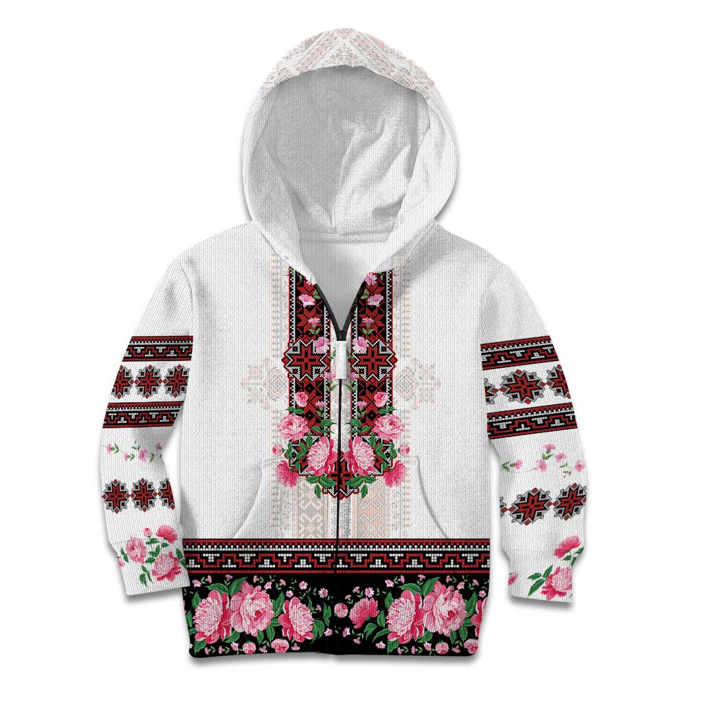 Red Romanian National Costume Kid Hoodie Peony Flowers Traditional Folk Pattern - Wonder Print Shop