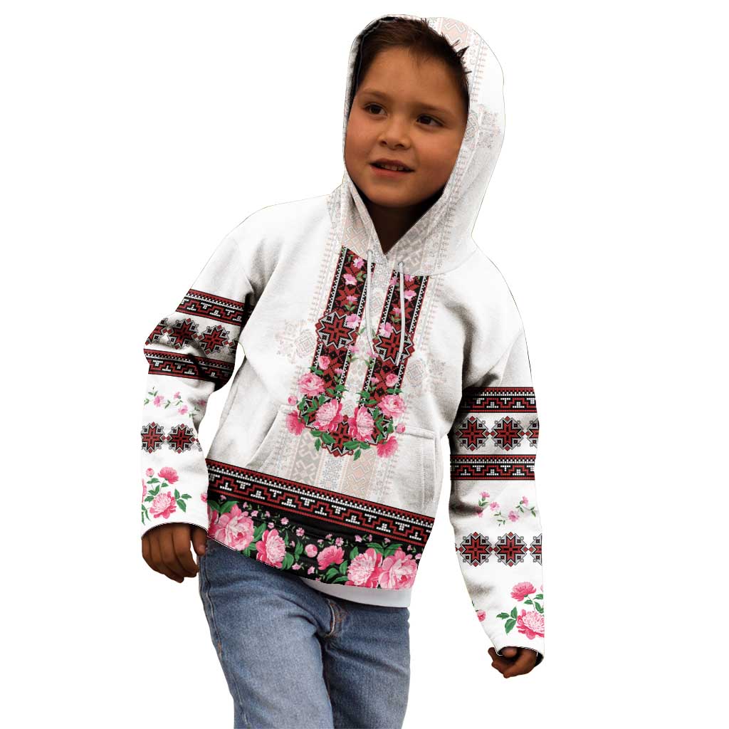 Red Romanian National Costume Kid Hoodie Peony Flowers Traditional Folk Pattern - Wonder Print Shop