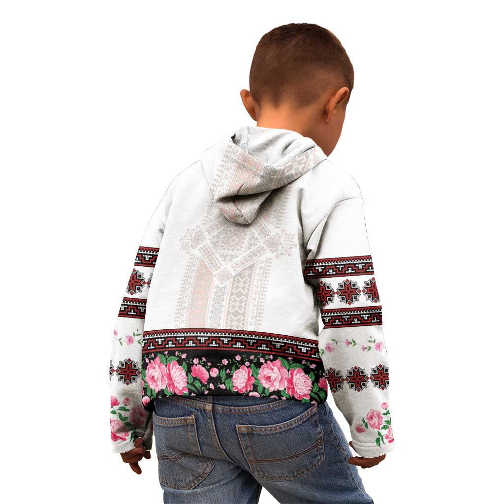 Red Romanian National Costume Kid Hoodie Peony Flowers Traditional Folk Pattern - Wonder Print Shop