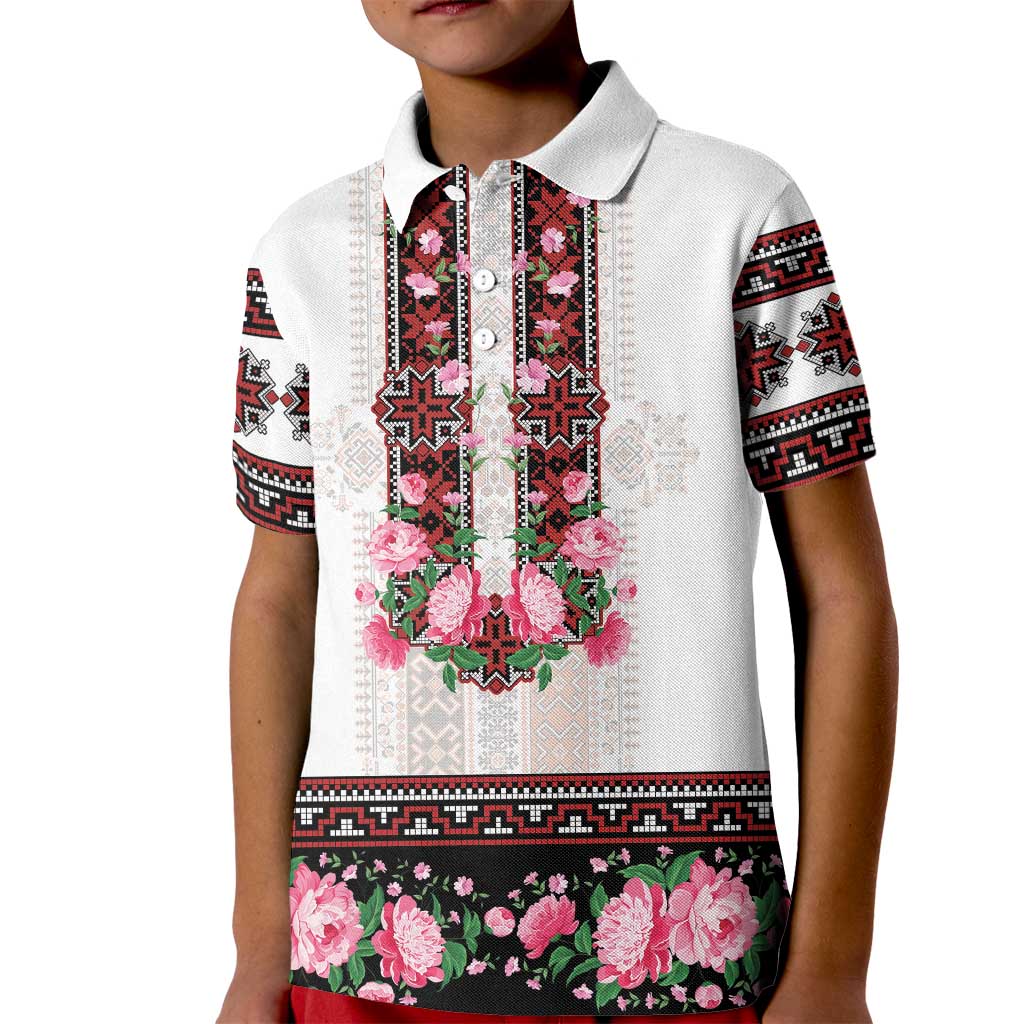 Red Romanian National Costume Kid Polo Shirt Peony Flowers Traditional Folk Pattern - Wonder Print Shop