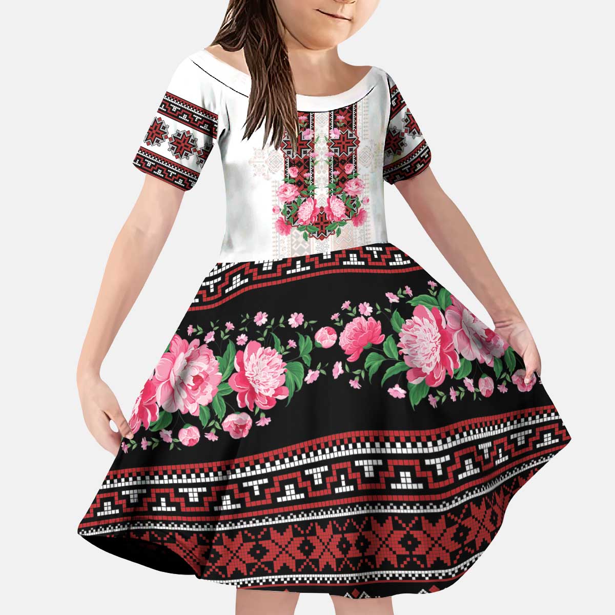Red Romanian National Costume Kid Short Sleeve Dress Peony Flowers Traditional Folk Pattern - Wonder Print Shop