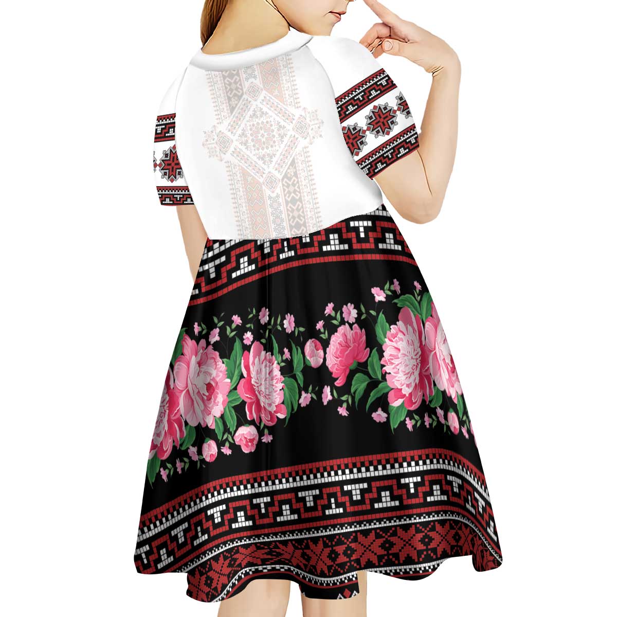 Red Romanian National Costume Kid Short Sleeve Dress Peony Flowers Traditional Folk Pattern - Wonder Print Shop