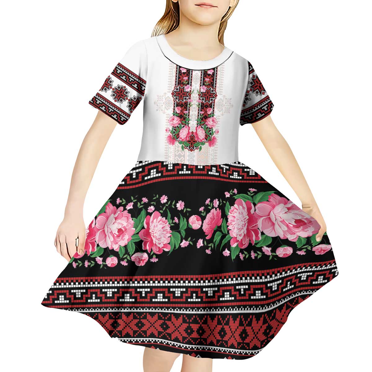 Red Romanian National Costume Kid Short Sleeve Dress Peony Flowers Traditional Folk Pattern - Wonder Print Shop