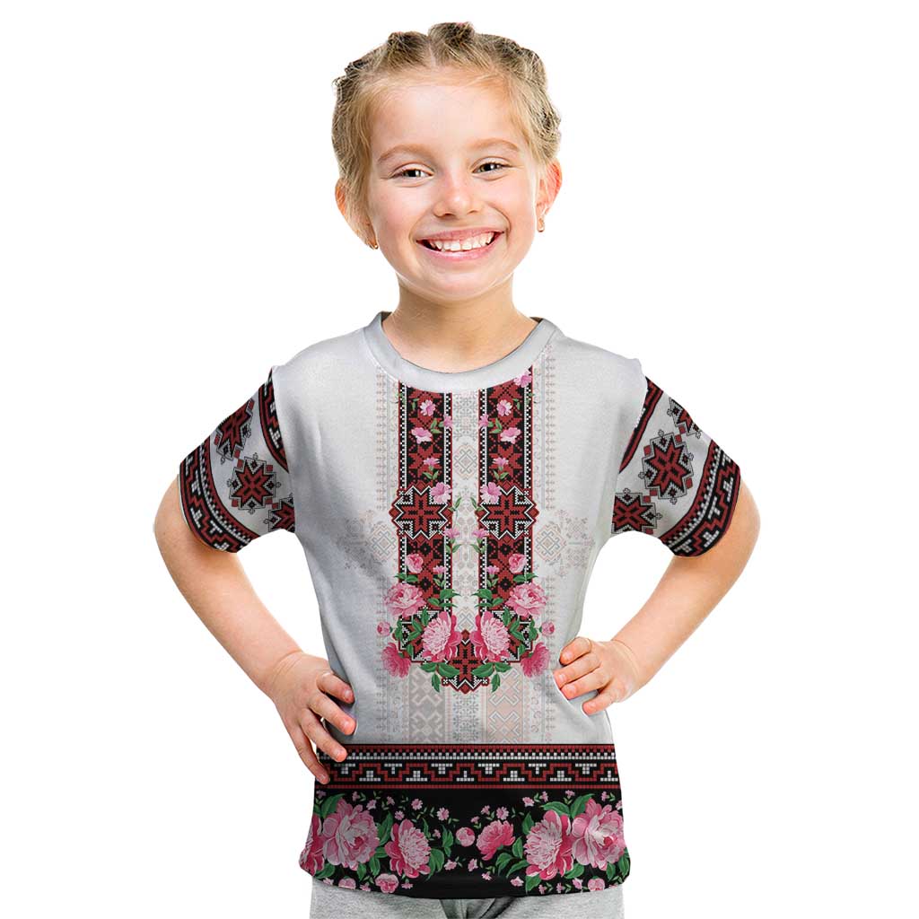Red Romanian National Costume Kid T Shirt Peony Flowers Traditional Folk Pattern - Wonder Print Shop