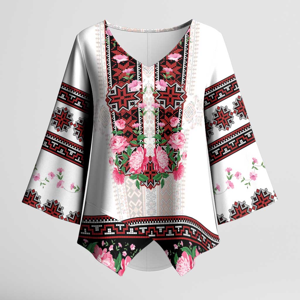 Red Romanian National Costume Kimono Sleeve Blouse Peony Flowers Traditional Folk Pattern - Wonder Print Shop