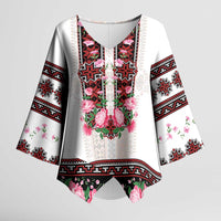 Red Romanian National Costume Kimono Sleeve Blouse Peony Flowers Traditional Folk Pattern - Wonder Print Shop