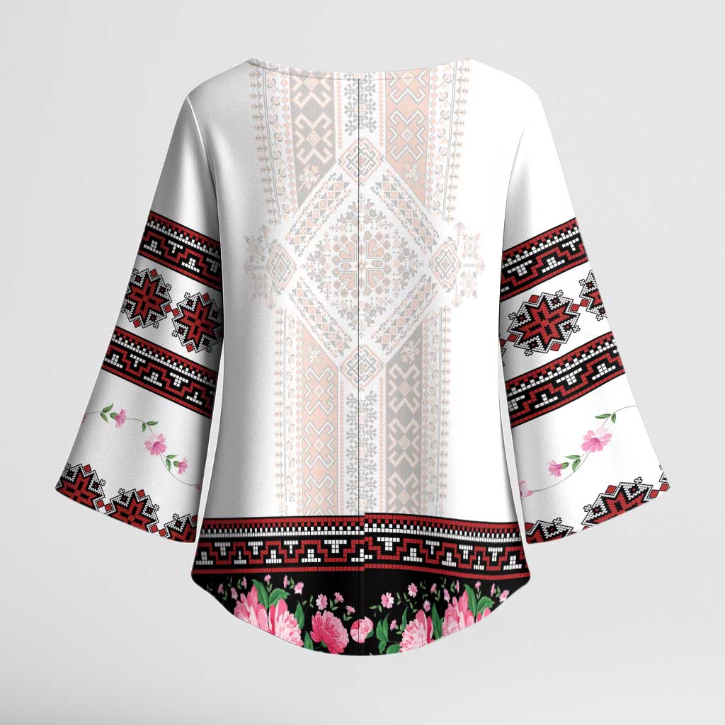 Red Romanian National Costume Kimono Sleeve Blouse Peony Flowers Traditional Folk Pattern - Wonder Print Shop