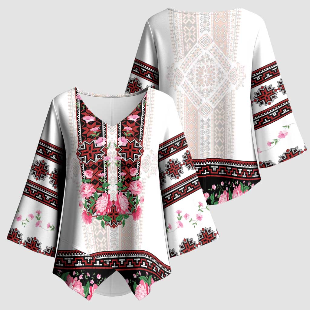 Red Romanian National Costume Kimono Sleeve Blouse Peony Flowers Traditional Folk Pattern - Wonder Print Shop