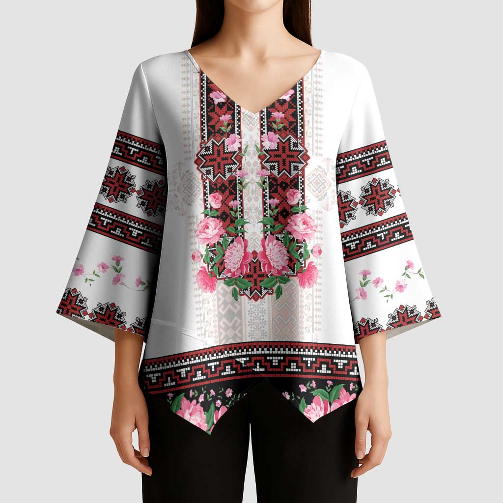 Red Romanian National Costume Kimono Sleeve Blouse Peony Flowers Traditional Folk Pattern - Wonder Print Shop